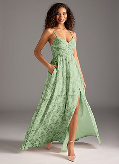 Azazie Alia Bridesmaid Dresses Green Fern Floral A-Line Pleated Chiffon Dress image3