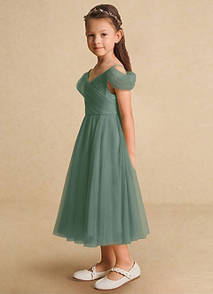Azazie Lizzette Flower Girl Dresses Eucalyptus A-Line Ruched Tulle Dress image3
