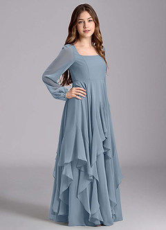 Azazie Clara Junior Jurk van Chiffon met A-Lijn Blouson Stoffig Blauw image4