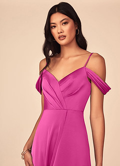 Azazie Ocean Brautjungfernkleider A-Linie V-Hals Gefaltet Stretch-Satin Kleid Fuchsia image2