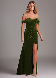 Azazie Jas Robes de demoiselle d'honneur Robe Fourreau Convertible en velours Schulterfreies Korsett Olive image4