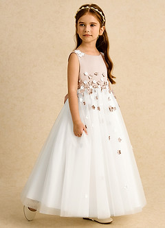 Azazie Eleni Blumenmädchenkleider Ballkleid Schleifen Tüll Kleid Elfenbein Englisches Rosa image6