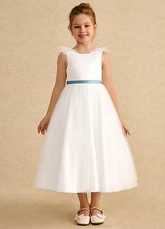 Azazie Amber Flower Girl Dresses Ivory Moody Blue A-Line Bow Tulle Dress image3