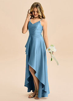 Azazie Eirlys Junior A-Linie Plissee Stretch-Satin Kleid Stahlblau image3