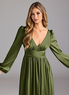 Azazie Norah Bridesmaid Dresses Olive A-Line Stretch Satin Dress image5