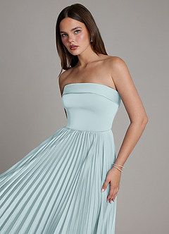 Azazie Mariana 신부 들러리 드레스 A라인 주름진 스트레치 새틴 바닥 길이 드레스 image4