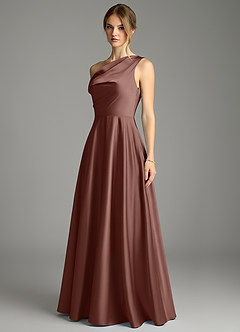 Azazie Xanthe Robes de demoiselle d'honneur Robe Trapèze en Satin extensible Épaules dénudées Expresso image4
