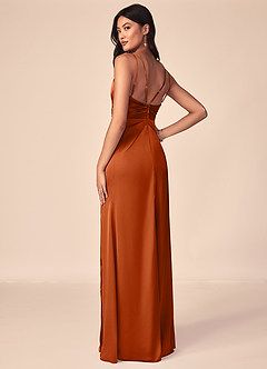 Azazie Aqua Bridesmaid Dresses Burnt Orange A-Line V-Neck Pleated Stretch Satin Dress image3