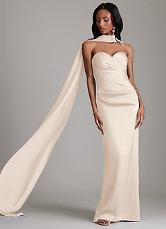 Azazie Sonora Vestidos de damas de honor Vestido de Alabastro Blanco de Satén Elástico de Corte Recto con Sin tirantes image8