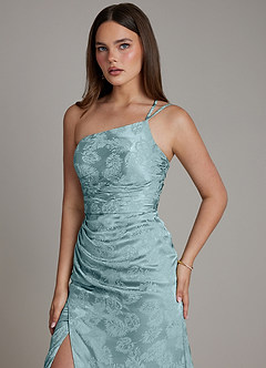 Azazie Mishka Bridesmaid Dresses Light Blue Jacquard Sheath One Shoulder Floral Jacquard Dress image3
