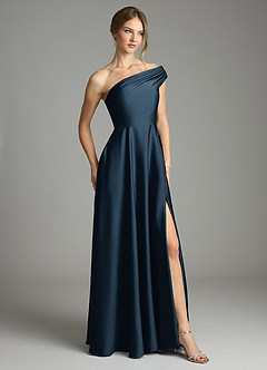 Azazie Melanie Robes de demoiselle d'honneur Robe Trapèze en Satin extensible Épaules dénudées Bleu Marine Foncé image5