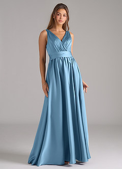 Azazie Kora Final Sale Steel Blue A-Line Pleated Stretch Satin Dress image1