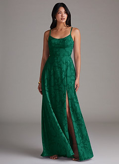 Azazie Moira Bridesmaid Dresses Emerald A-Line Side Slit Floral Burnout Dress image4