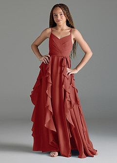 Azazie Peyton Junior Terracotta A-Line V-Neck Cascading Ruffles Chiffon Dress image1