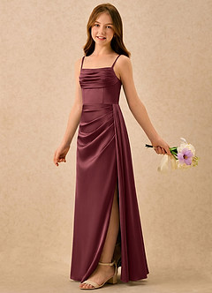 Azazie Shyla Girls Formal Flower Girl Dresses Merlot Sheath Pleated Stretch Satin Dress image1