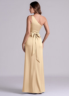 Azazie Phaedra Bridesmaid Dresses Champagne A-Line One Shoulder Stretch Satin Dress image5