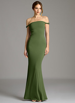 Azazie Shantal Bridesmaid Dresses Olive Mermaid Off the Shoulder Premium Stretch Jersey Dress image5