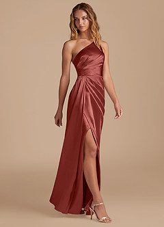 Azazie Mika Bridesmaid Dresses Terracotta Sheath One Shoulder Metallic Satin Dress image4