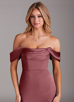 Azazie Saige Bridesmaid Dresses Desert Rose Sheath Off the Shoulder Stretch Satin Dress image7