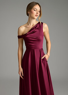 Azazie Xanthe Bridesmaid Dresses Burgundy A-Line Off the Shoulder Stretch Satin Dress image5