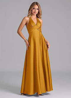 Azazie Tessie Bridesmaid Dresses Butterscotch A-Line Pleated Stretch Satin Dress image5