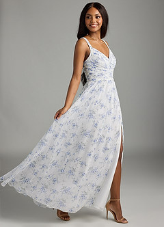Azazie Chanel Jurken voor bruidsmeisjes Jurk van Chiffon met A-Lijn Geplooid Blauw Huisje Bloemen image3