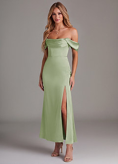 Azazie Saige 신부 들러리 드레스 인어 오프 더 숄더 스트레치 새틴 발목 길이 드레스 image1