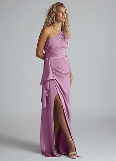 Azazie Maive Bridesmaid Dresses Wisteria Sheath Ruched Stretch Satin Dress image2