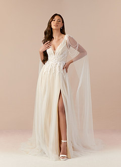 Azazie Goddess Wedding Dresses Diamond White Champagne A-Line V-Neck Sequins Tulle Dress image3