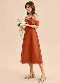 Azazie Kamilla Junior Abito A-Line in Chiffon a Spalla Scoperta Arancia Bruciata image3