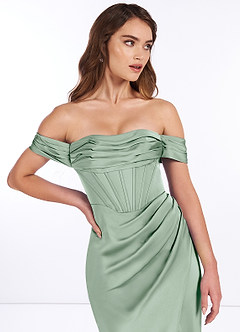 Azazie Breanna Final Sale Agave Sheath Off the Shoulder Stretch Satin Dress image5
