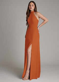 Azazie Myra Bridesmaid Dresses Cinnamon A-Line High Neck Chiffon Dress image6