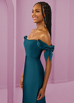 Barbie ♥ Azazie Bridesmaid Dresses Ink Blue Sheath Off the Shoulder Stretch Satin Convertible Dress image6