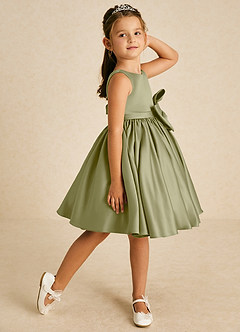 Azazie Apple Flower Girl Dresses Moss Green A-Line Bow Matte Satin Dress image3
