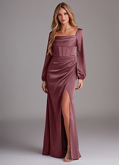 Azazie Charissa Bridesmaid Dresses Desert Rose Sheath Long Sleeve Stretch Satin Dress image4