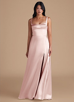 Azazie Hope Bridesmaid Dresses Blushing Pink A-Line with Pockets Metallic Satin Dress image2
