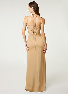 Azazie Desi Robes de demoiselle d'honneur Robe Fourreau en Satin extensible Corset dos nu Or image2