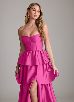 Azazie Faye Bridesmaid Dresses Fuchsia A-Line Ruched Stretch Satin Dress image5