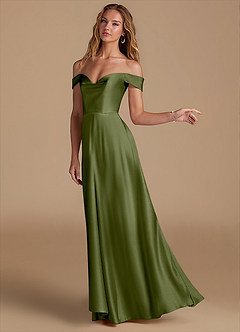 Azazie Jackalin Bridesmaid Dresses Olive A-Line Off the Shoulder Metallic Satin Convertible Dress image3