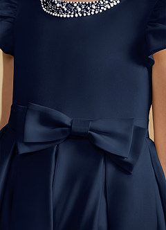 Azazie Pearl Flower Girl Dresses Dark Navy Ball-Gown Pleated Matte Satin Dress image7