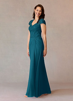 Azazie Junie Mother of the Bride Dresses Ink Blue A-Line Lace Chiffon Dress image3