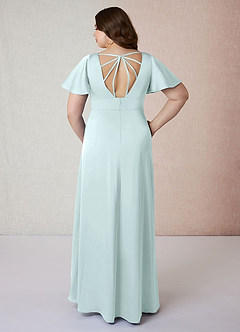 Azazie Lani Bridesmaid Dresses Sea Glass A-Line Flounce Sleeve Stretch Satin Dress image8