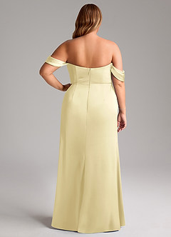 Azazie Saige Bridesmaid Dresses Lemon Sorbet Sheath Off the Shoulder Stretch Satin Dress image12