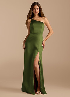 Azazie Trina Robes de demoiselle d'honneur Robe Trapèze en Satiné métallisé Ue épaule Olive image3