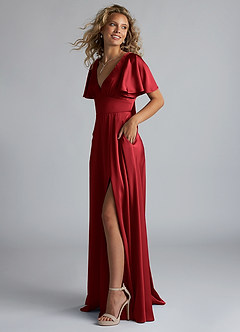 Azazie Kimber Bridesmaid Dresses Scarlet A-Line Ruched Stretch Satin Dress image6