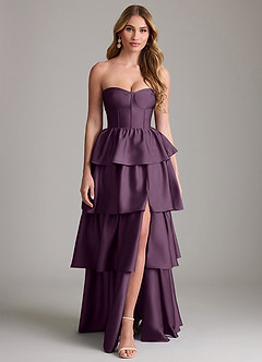 Azazie Faye Bridesmaid Dresses Plum A-Line Ruched Stretch Satin Dress image1