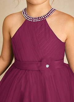 Azazie Honey Flower Girl Dresses Mulberry A-Line Beaded Matte Satin Dress image6