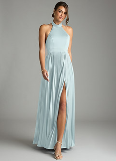 Azazie Zienna 신부 들러리 드레스 A라인 주름진 스트레치 새틴 바닥 길이 드레스 image4