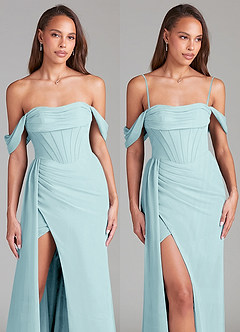 Azazie Amyra Bridesmaid Dresses Sea Glass Sheath Off the Shoulder Chiffon Convertible Dress image9