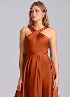 Azazie Dixie Bridesmaid Dresses Burnt Orange A-Line Pleated Stretch Satin Dress image6